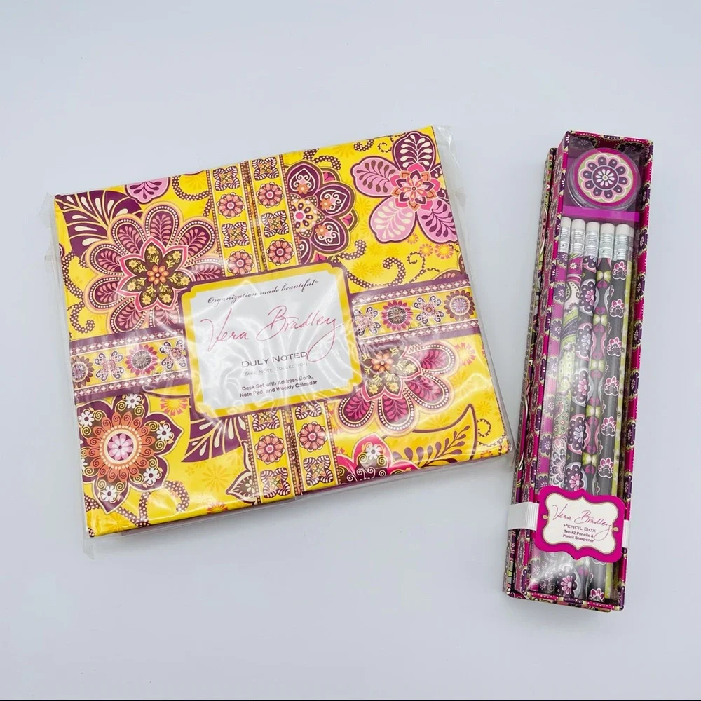 Vera Bradley Desk Set w/ Address Book, Note Pad, Weekly Calendar + Pencil Set