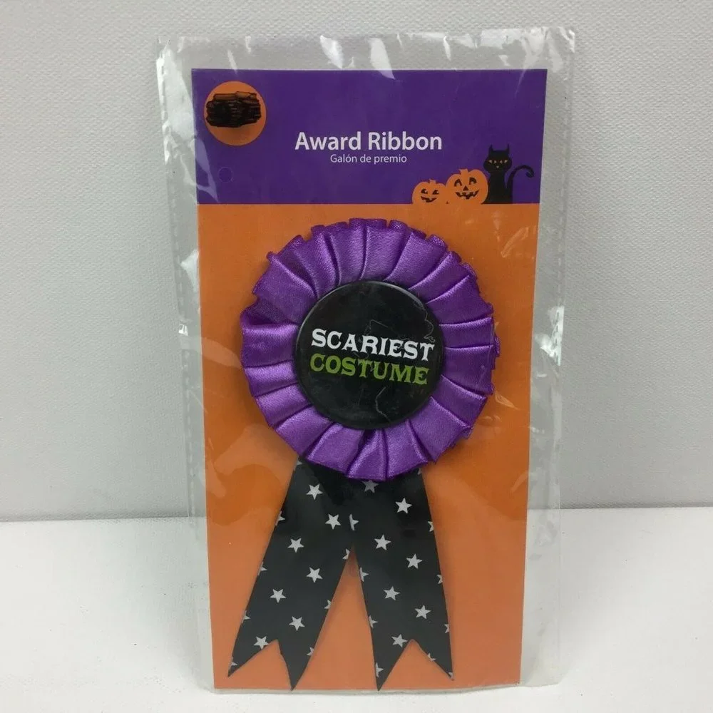Award Ribbon Scariest Costume Contest Purple Black Stars Button Halloween