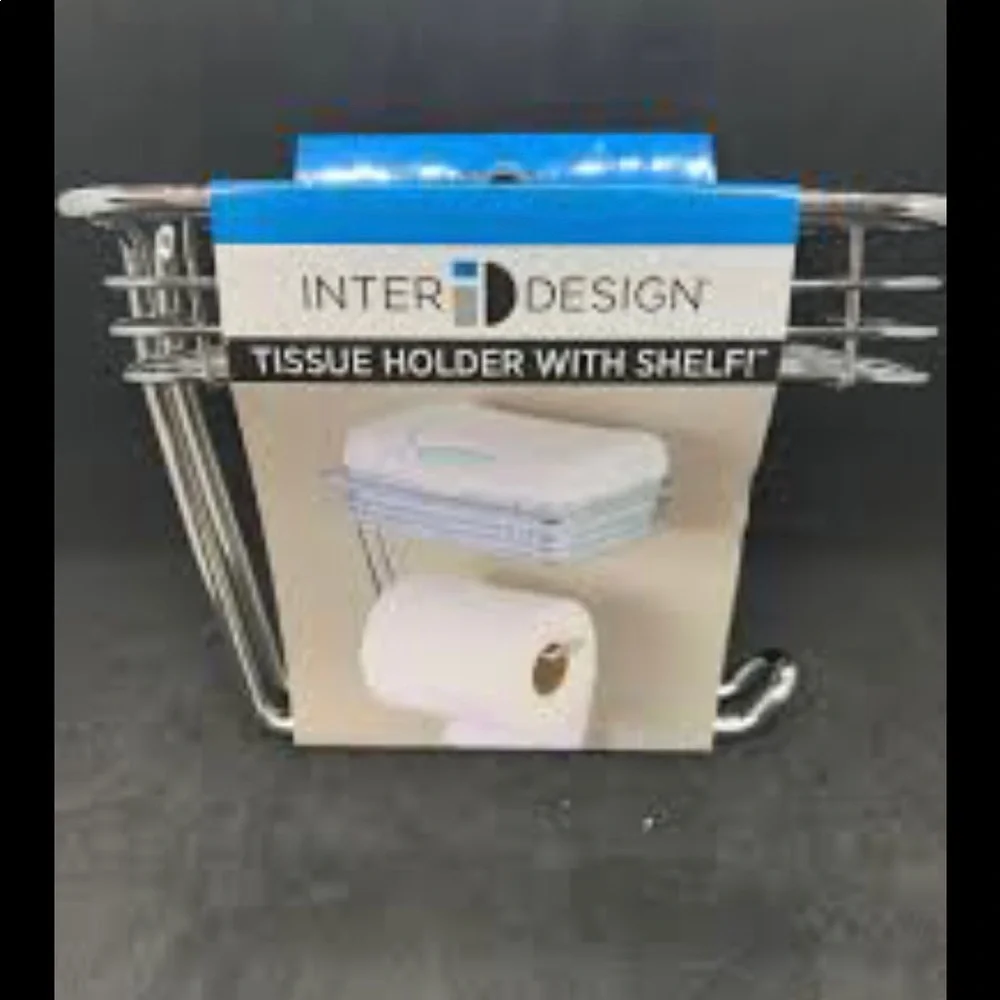 NWT - Inter Design Chrome Toilet Paper Roller Holder w/ Phone Shelf
