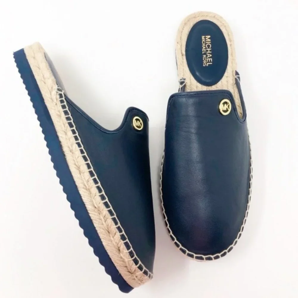 Michael Kors Hastings Espadrille Leather Navy Blue Logo Mules Shoes Slip On