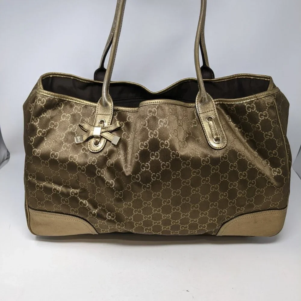 Gucci Tote Bag GG Canvas Light Brown Silk Satin