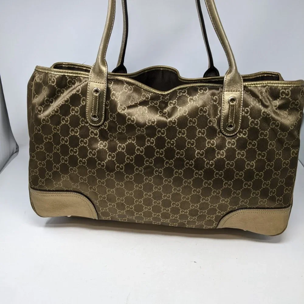 Gucci Tote Bag GG Canvas Light Brown Silk Satin