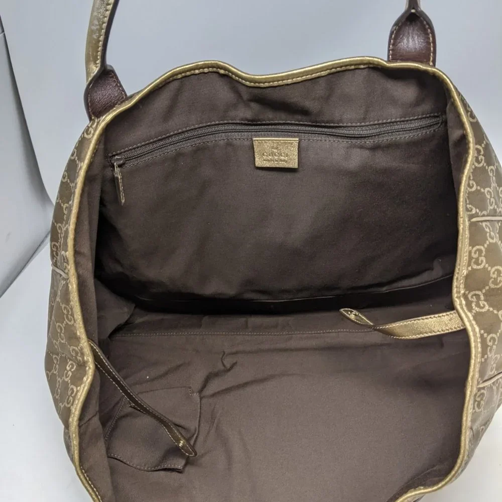 Gucci Tote Bag GG Canvas Light Brown Silk Satin
