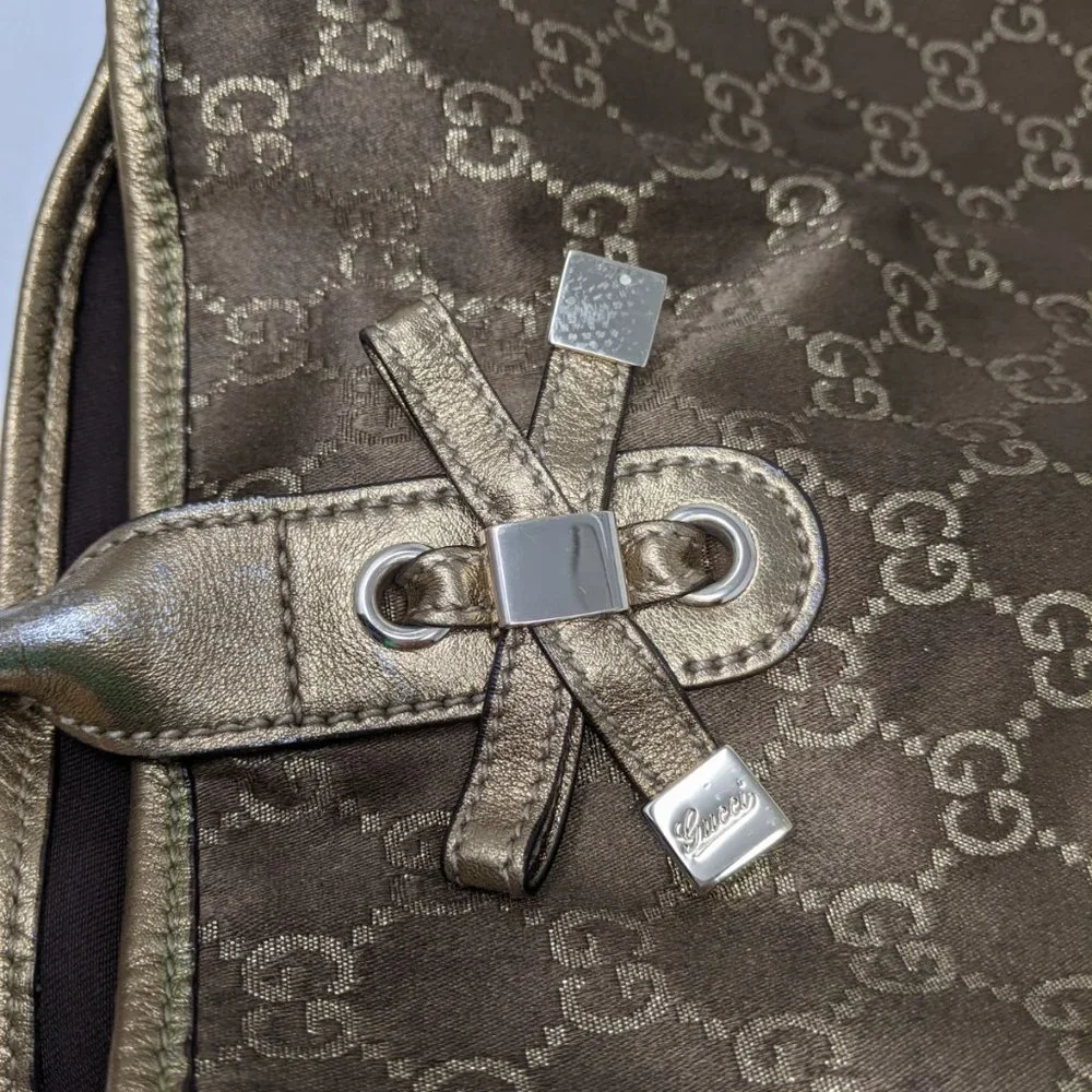 Gucci Tote Bag GG Canvas Light Brown Silk Satin