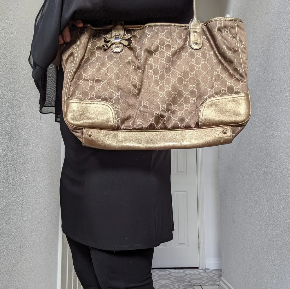 Gucci Tote Bag GG Canvas Light Brown Silk Satin