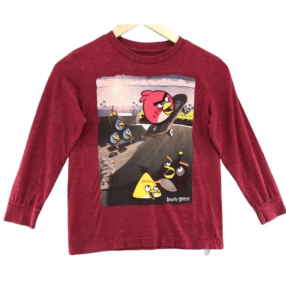 Old Navy Boys T-Shirt Angry Birds Size S Red Long Sleeves Crew Neck School Basic