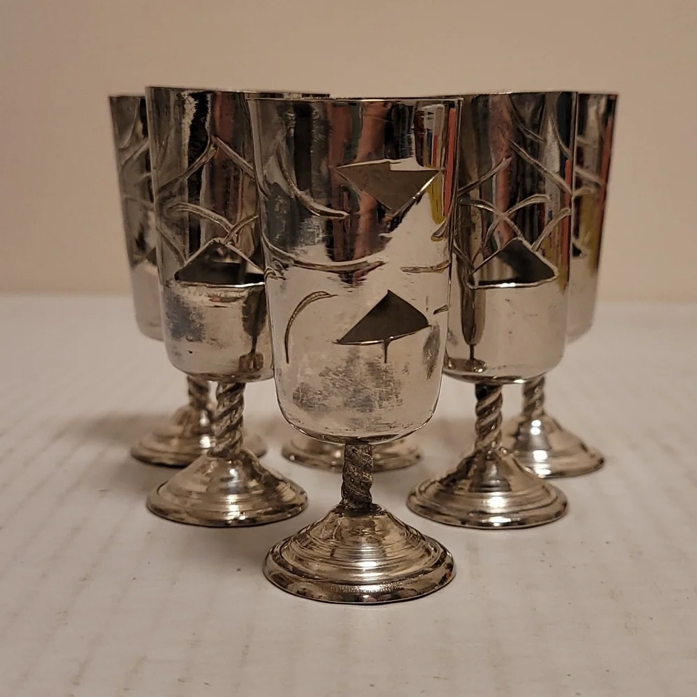 Set of 6 Vintage Mexican Silver / Alpaca Cordial Cages