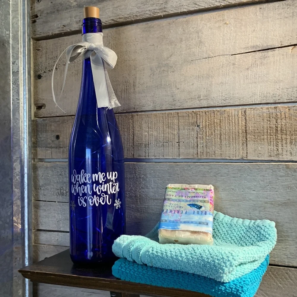 ‘Wake Me When Winter Is Over’ blue wine bottle lantern