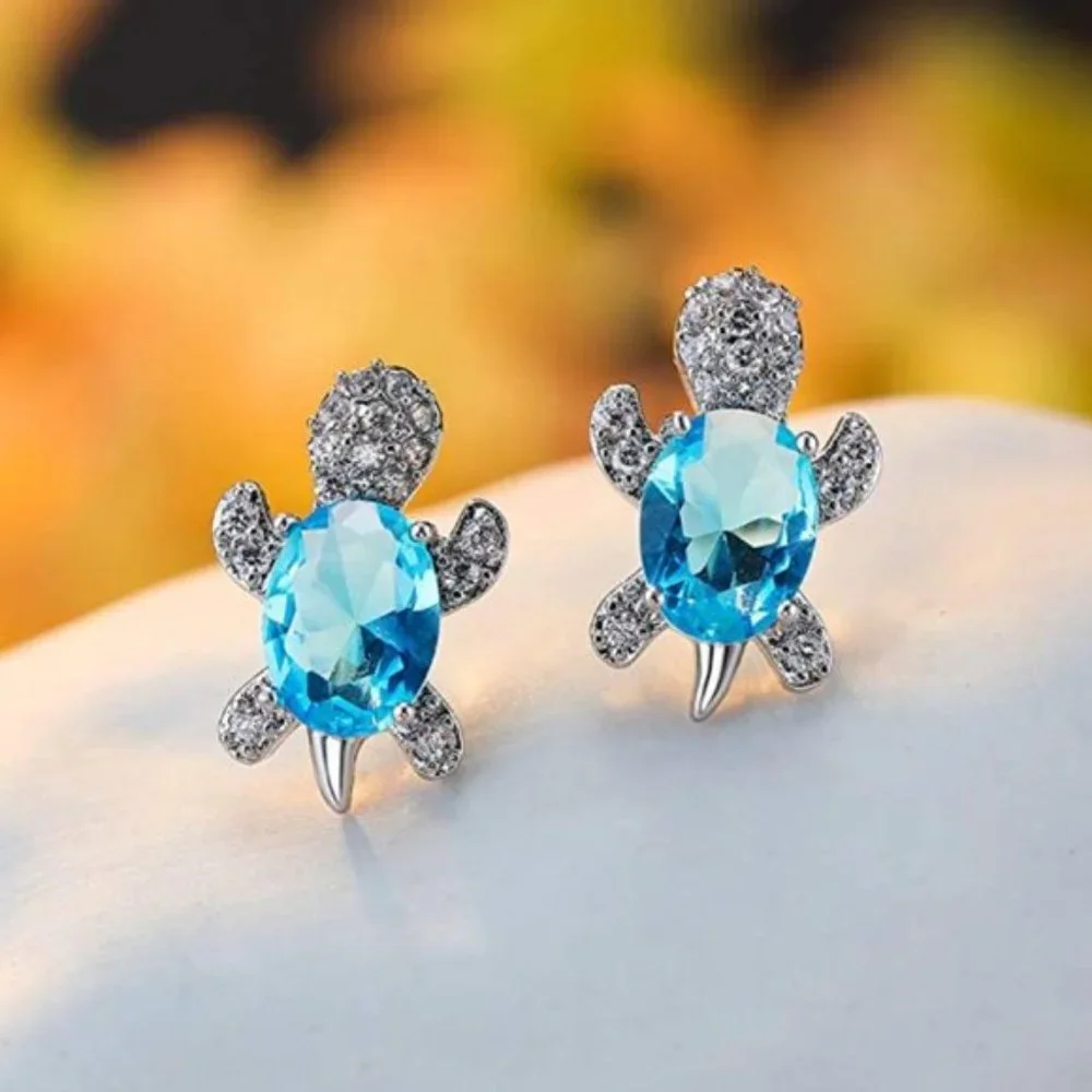 “Just Keep Swimming” Blue Turtle Diamond Earrings