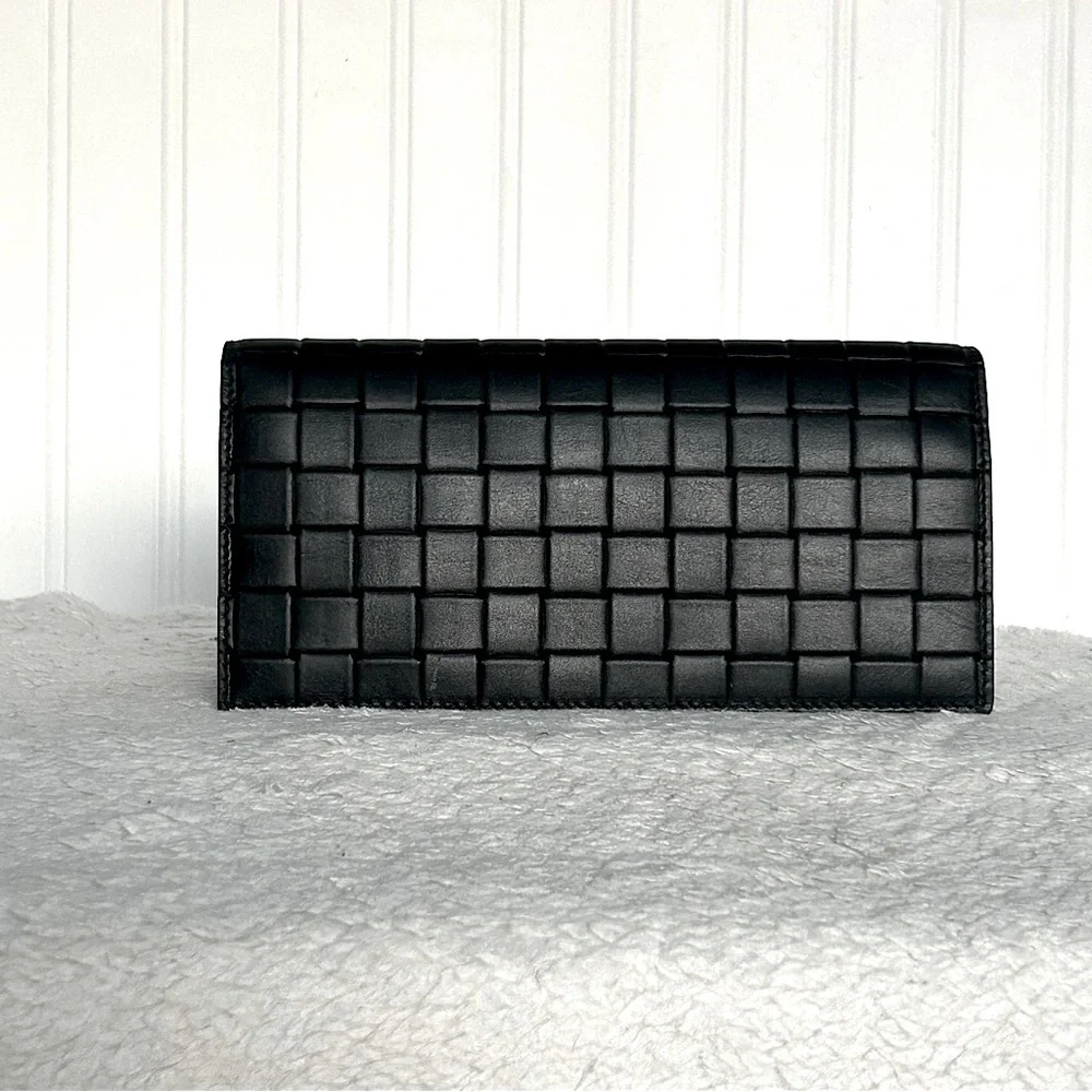 NWT Authentic Bottega Veneta Printed Grid Calf Leather Flap Long Wallet Black