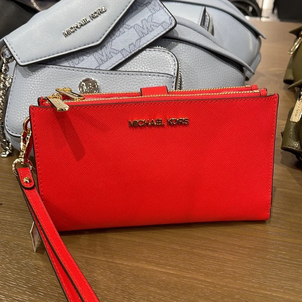 Michael Kors Jet Set Travel Large Double Zip Leather Wristlet phone holder NWT