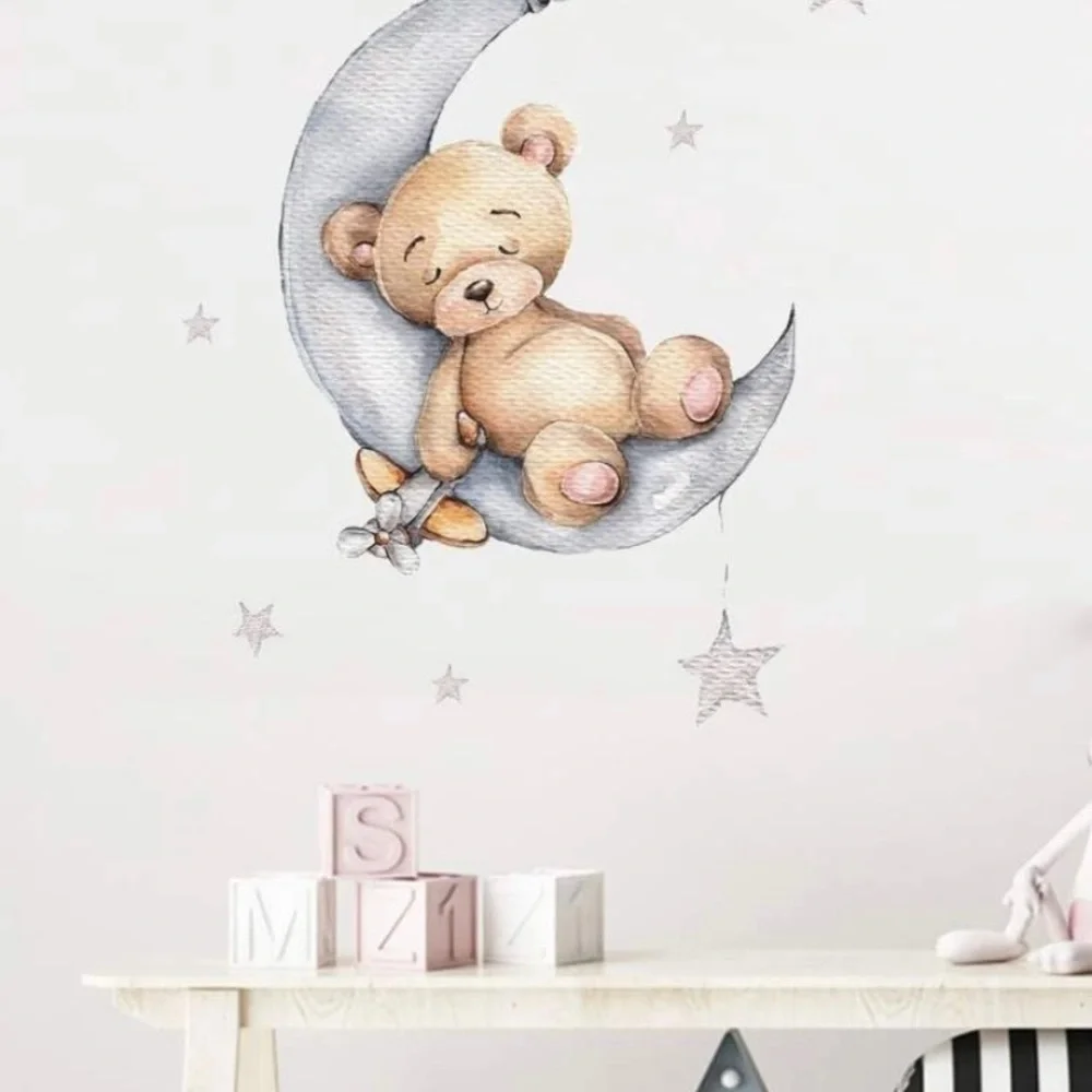 Baby Bear Nursery Wall Sticker Teddy Bear Sleeping in Moon W/ Stars Decal