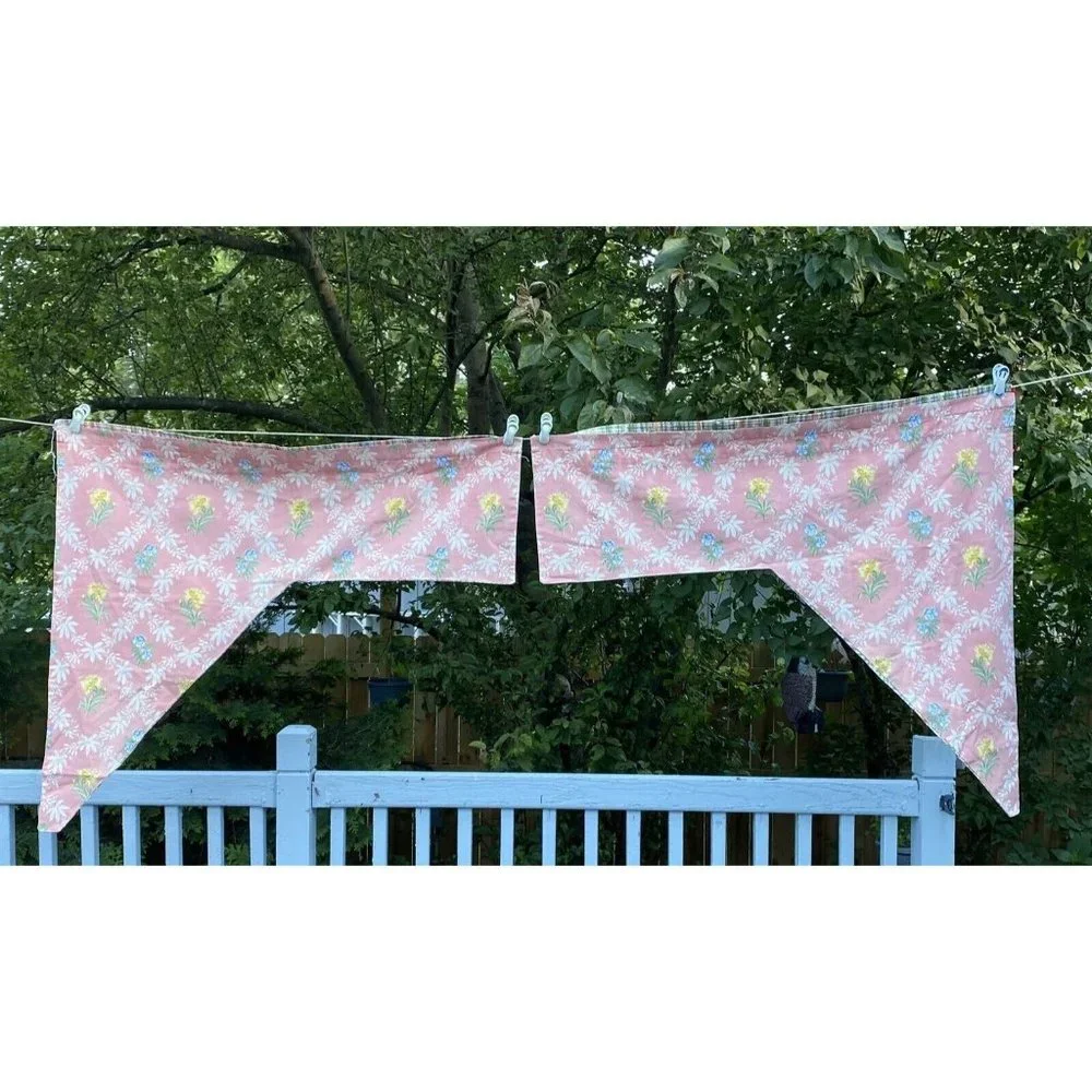 Vintage Canvas Curtain Swag Valance Pink Floral Plaid Reversible