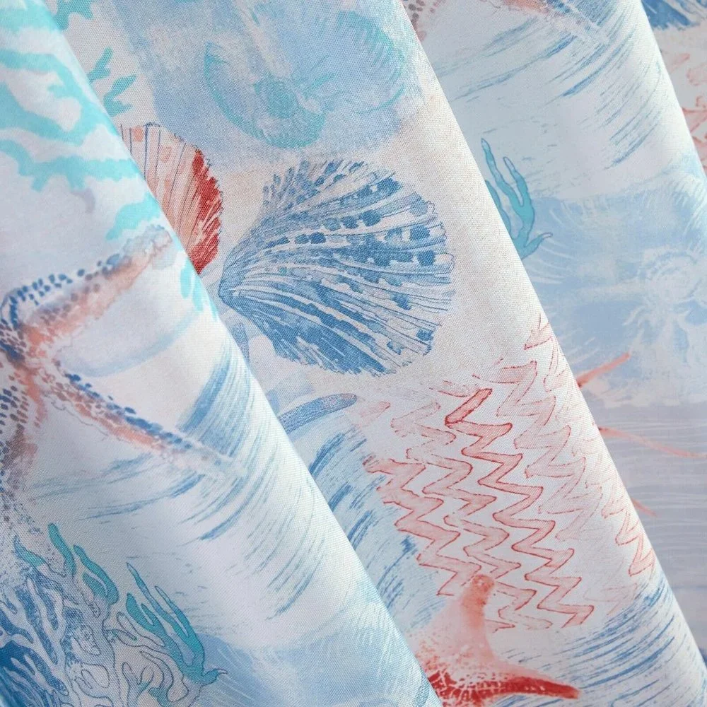 Coastal Shower Curtain Sea Life Coral Starfish Clams Polyester Blue Pink White