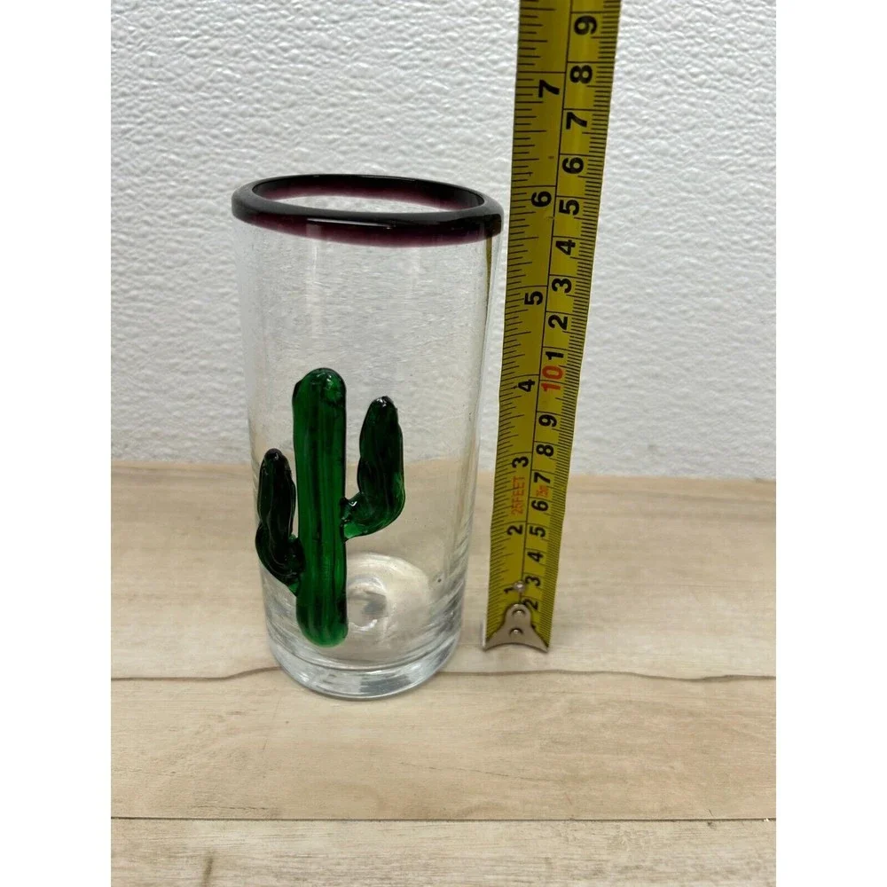 Vintage Set Of 4 Hand Blown Cactus Applique Clear Drinking Glasses Purple Rim