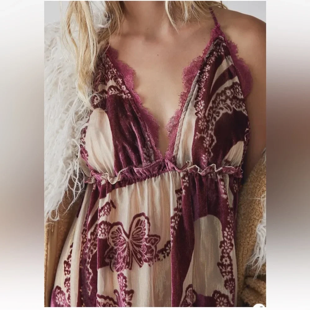 Free People Bali Butterfly Burnout Velvet Lace Trims Slip Maxi Dress