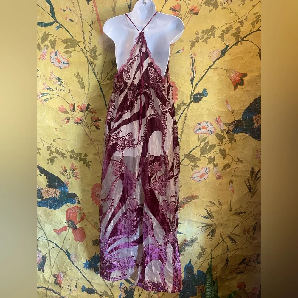 Free People Bali Butterfly Burnout Velvet Lace Trims Slip Maxi Dress