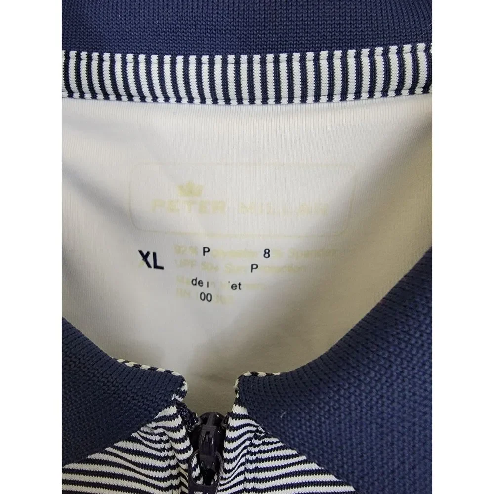 Navy Blue & White UPF Sun Protection PETER MILLAR Short Sleeve Zip Polo Shirt