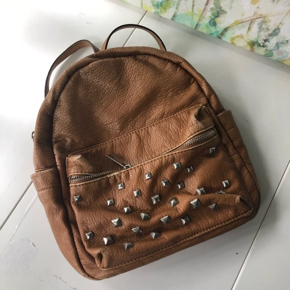 Beautiful Soft girl Vegan Studded Leather Backpack in Tan 9 by 10 inches