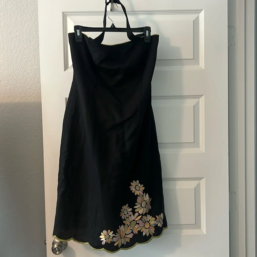 Jessica Howard black floral embroidered halter dress linen blend lined size 12