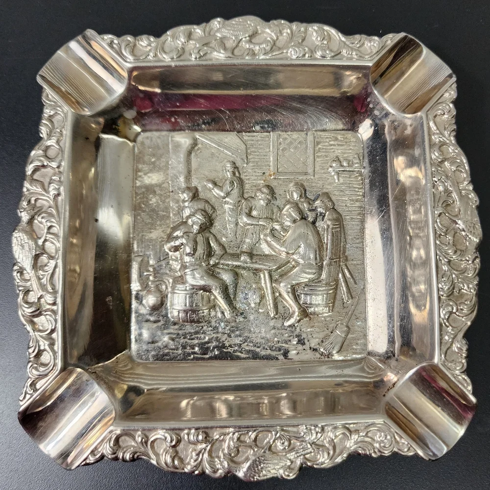Antique Silver Plated Ashtray Ornate Detailed Men Tavern Table Vintage