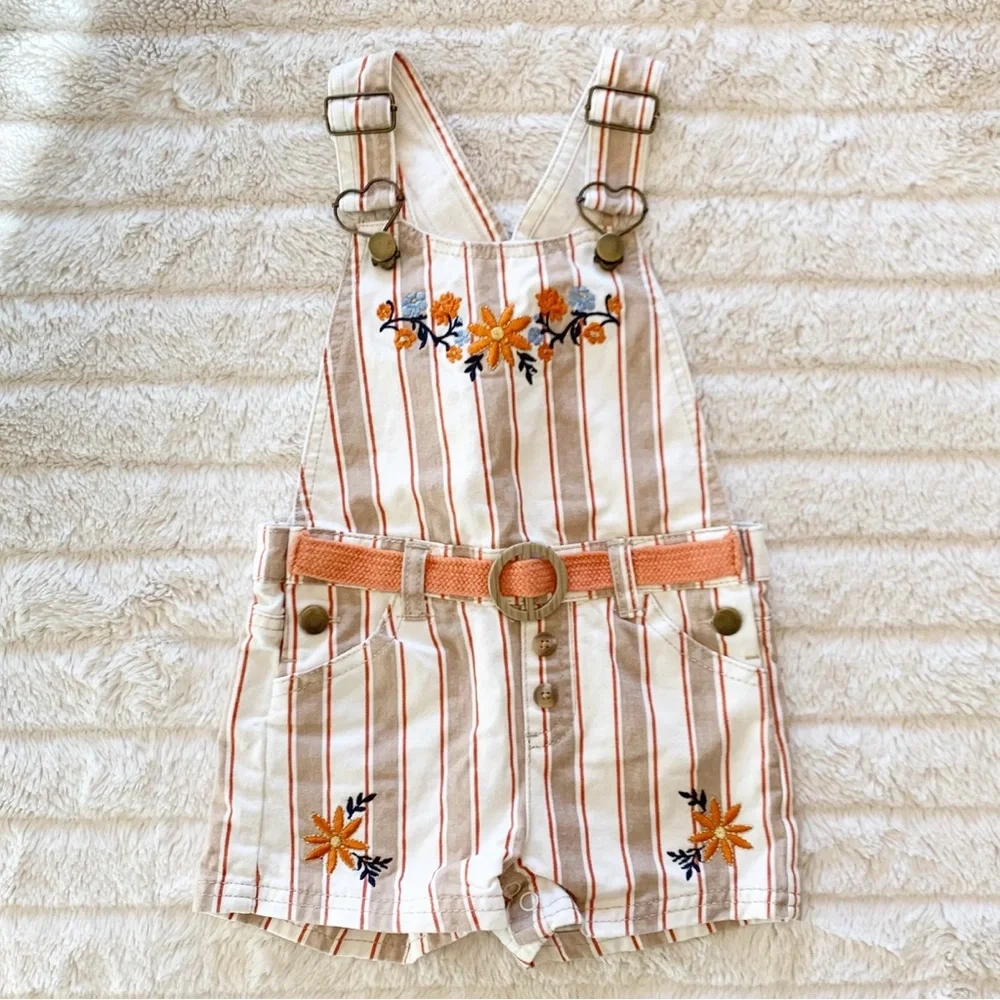 Belted Striped Shortalls with Orange and Blue Floral Embroidery