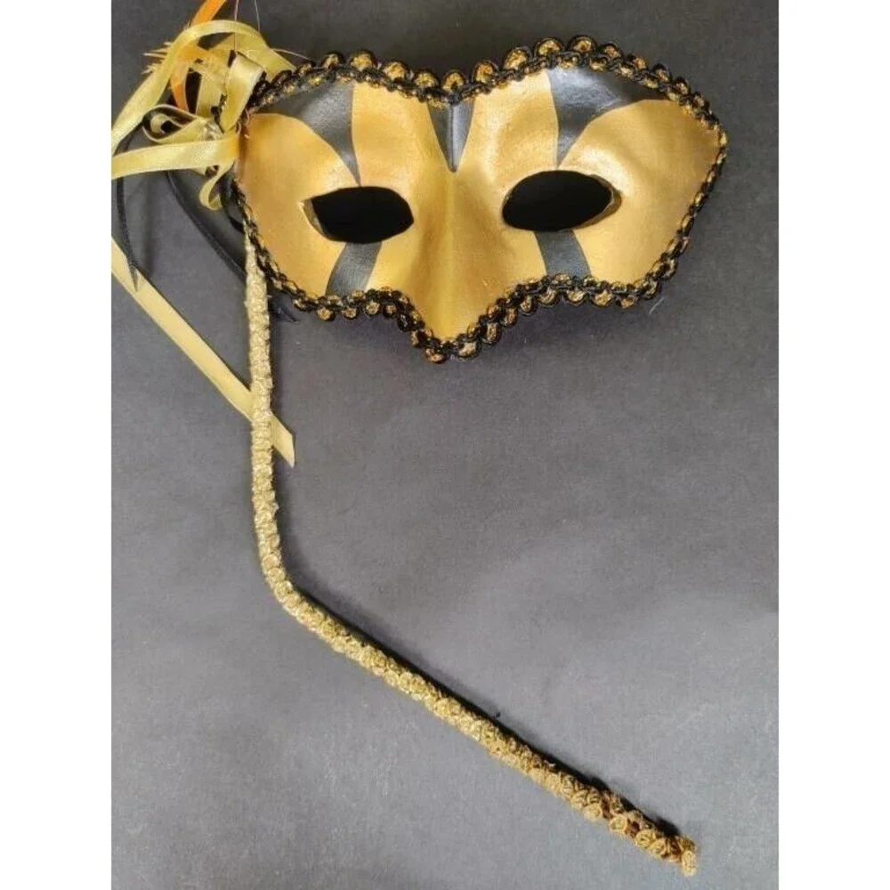 Gold & Black Handheld Masquerade Halloween Mask Ribbon Venetian Mardi Gras Party
