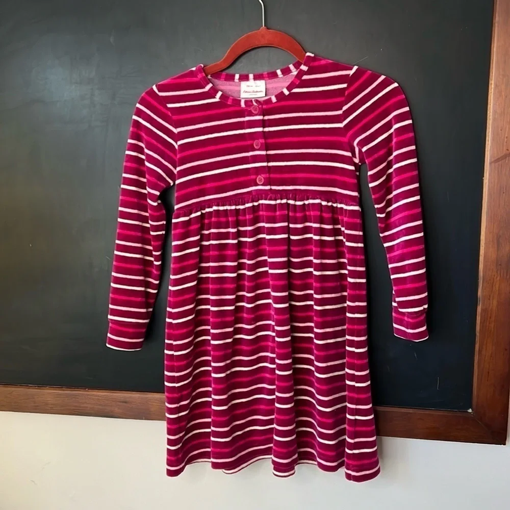 Hanna Andersson Girls Size 6-7 Pink White Dress Striped Terri Cloth Long Sleeve