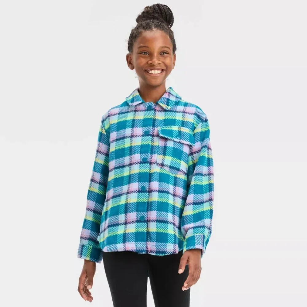 Cat & Jack - Girls' Plaid Button-Front Long Sleeve Shacket - Teal Blue Plaid