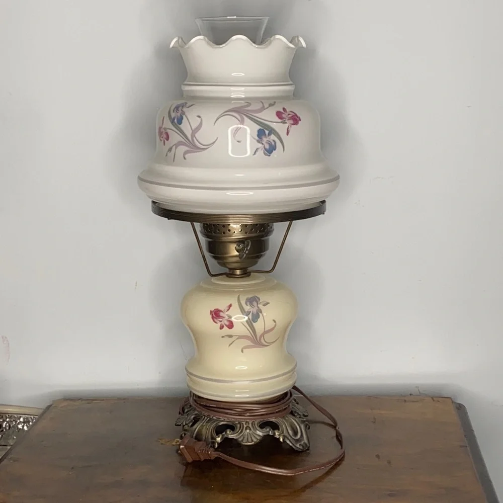 . Vintage Milk Glass Hurricane Lamp - Floral Pattern on Milk Glass Table Top