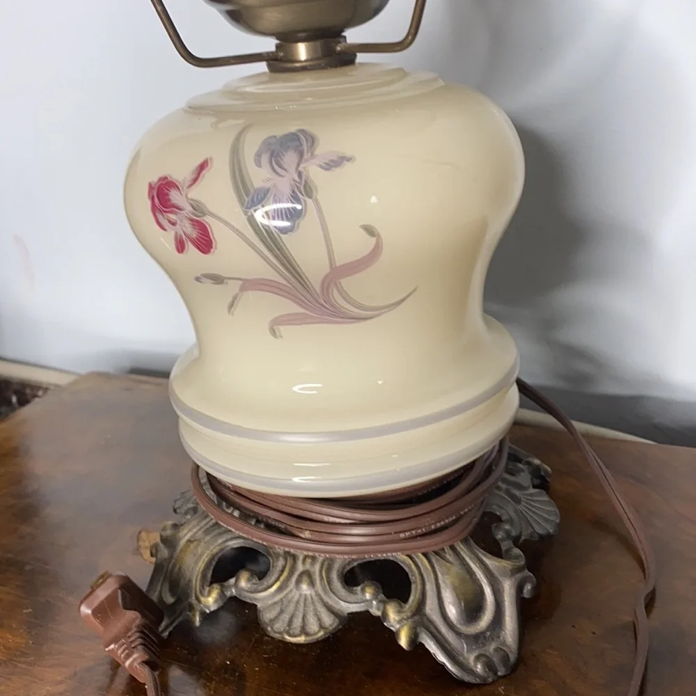 . Vintage Milk Glass Hurricane Lamp - Floral Pattern on Milk Glass Table Top
