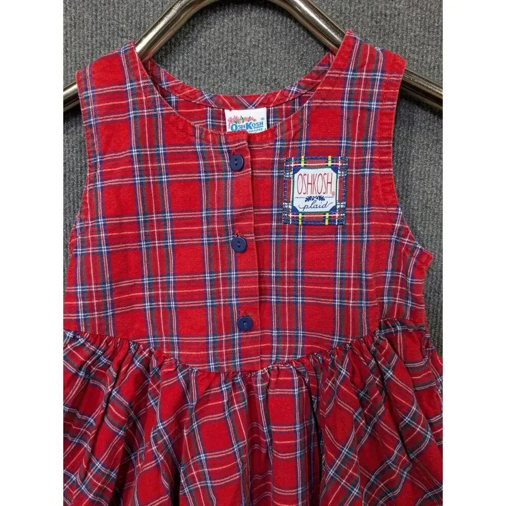 Vintage Oshkosh b'Gosh Jumper Dress Girls 4T Overall Plaid Tartan Button USA