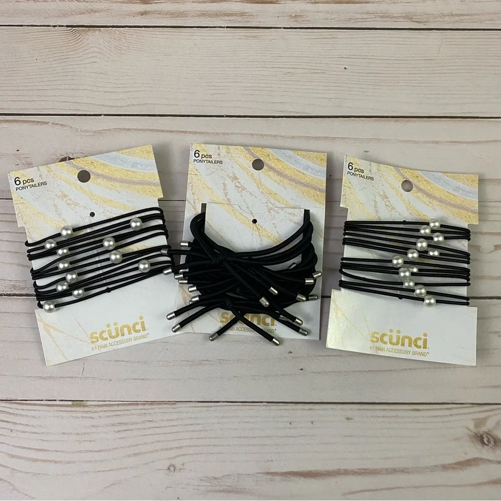 3x Scunci Ponytailers 6-pcs each pack Black 2 w/ Faux Pearls Hair Ties