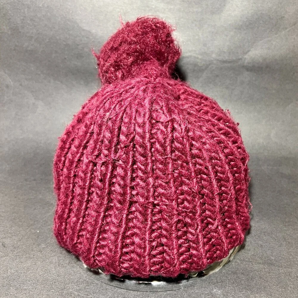 Justice Youth Maroon Knit Beanie Hat Faux Fur Pom Ski Snow Winter Girls Outdoor