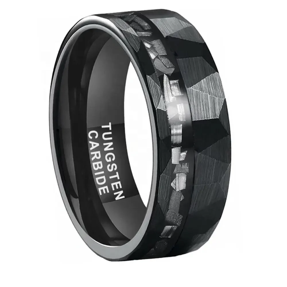 NEW 8mm black hammered meteorite chip men's wedding band ring jewelry sz 10.5