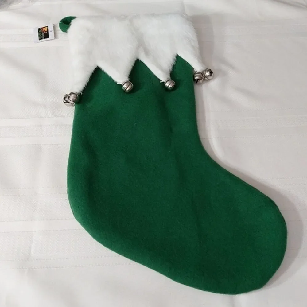 Green White Jingle Bells Elf Boot Holiday Christmas Stocking Hanging Sock