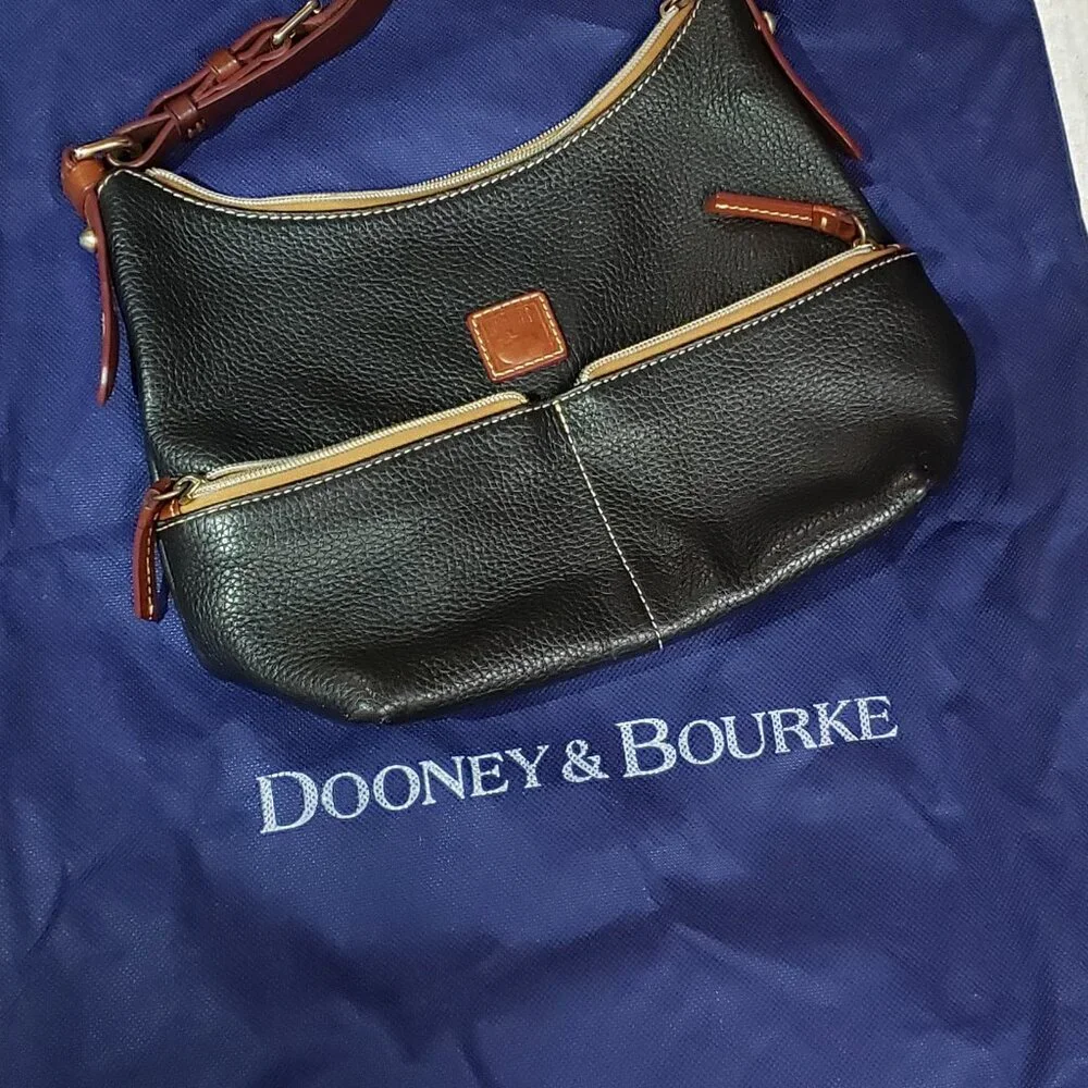 Dooney and Bourke Black Pebbled Leather Shoulder Bag Brown Trim Red Interior