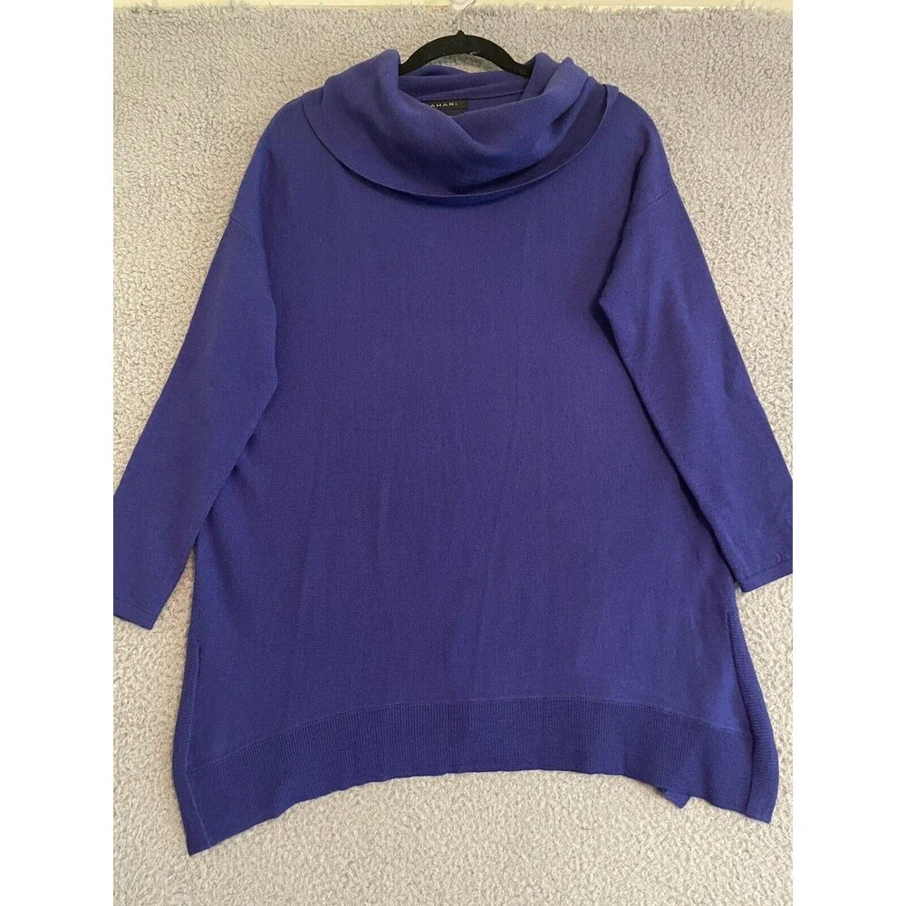 TAHARI Sweater Blue 100% Extra Fine Merino Wool Cowl Neck Womens Size Small