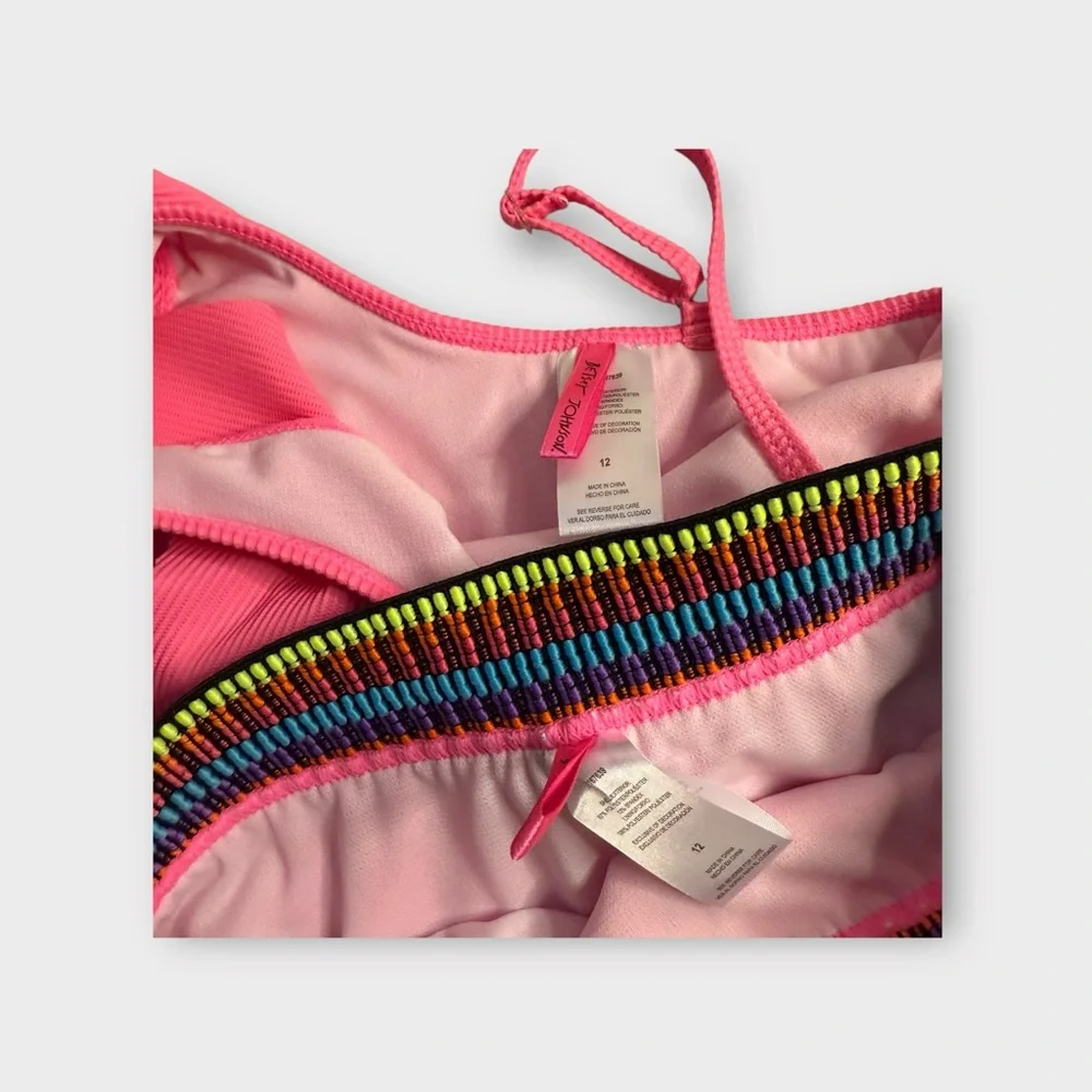Betsey Johnson 2 Piece Embroidered Pink Ribbed Top & Bottom Swim Set