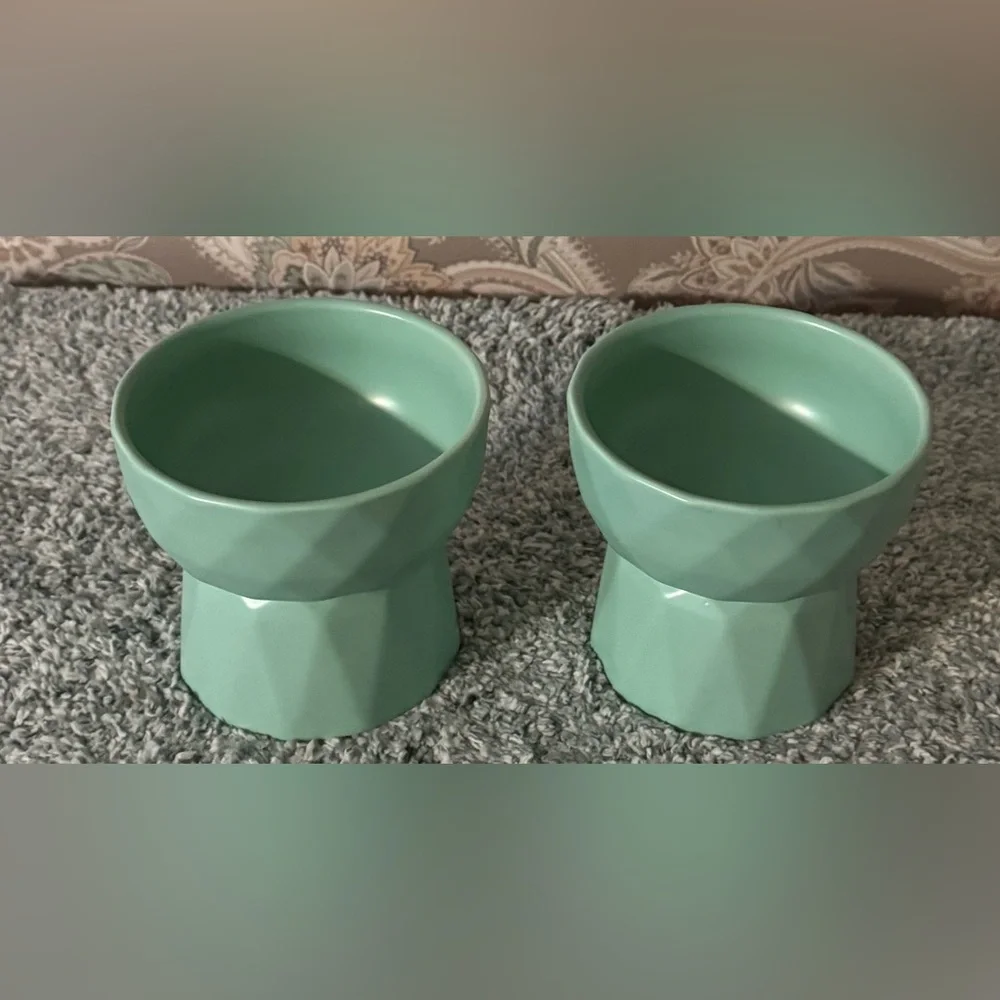 Green Geometric Ceramic cat Bowls