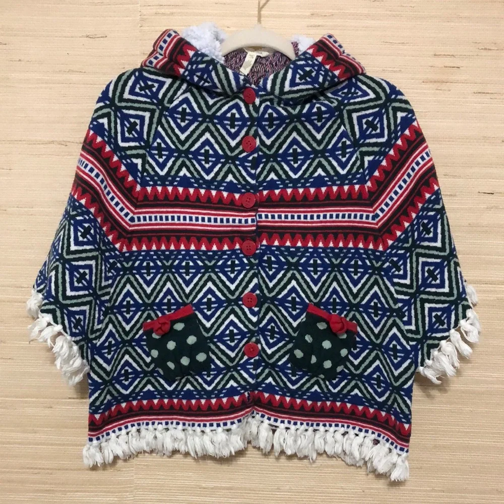 Matilda Jane A Caroling We Go Patterned Tassel Button Front Hooded Poncho 10