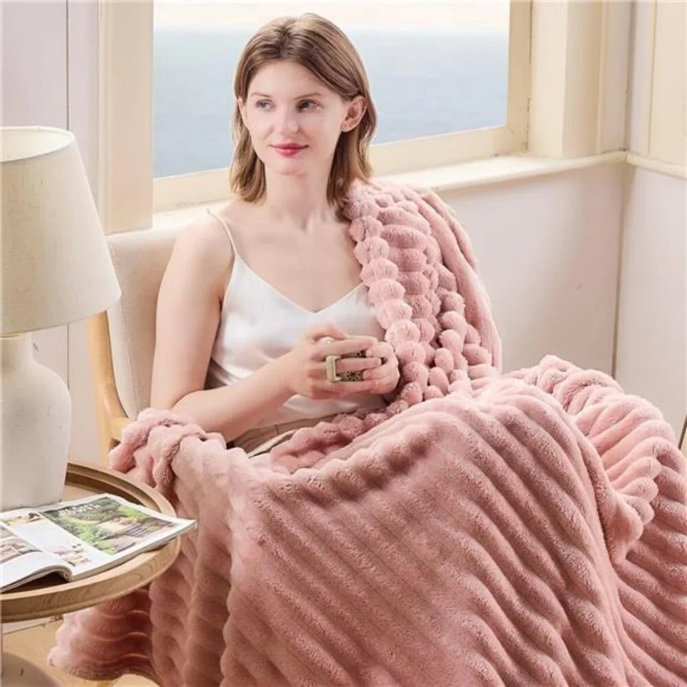 Super Soft Throw Blanket Pink Premium Silky Flannel Fleece Ribbed 50