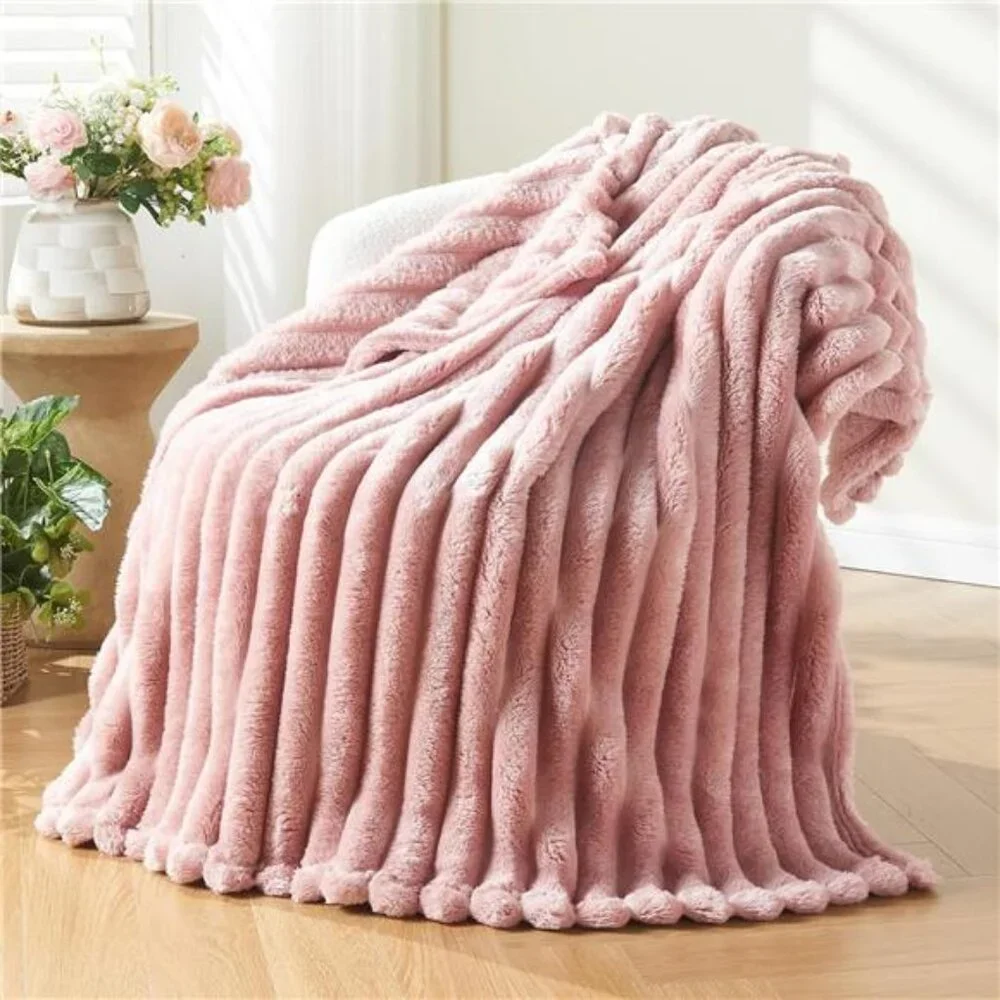 Super Soft Throw Blanket Pink Premium Silky Flannel Fleece Ribbed 50