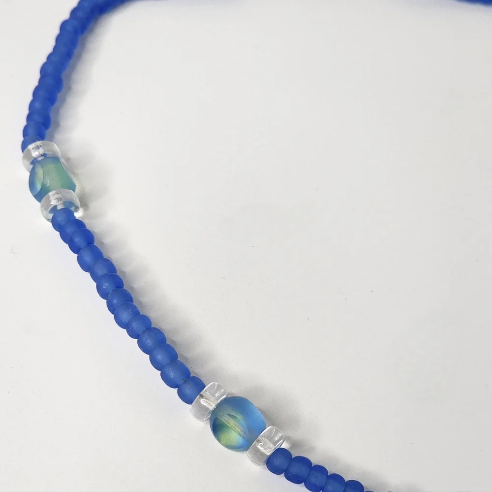 Blue Glass Beaded Choker Necklace