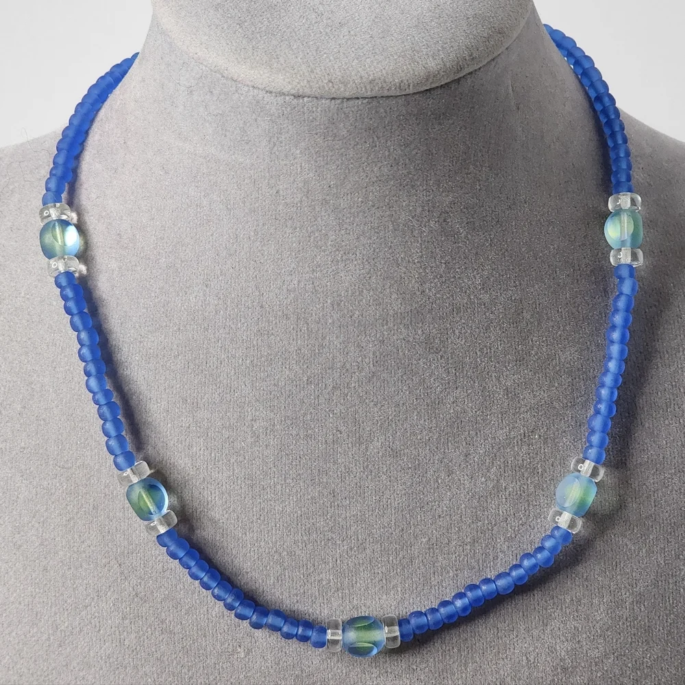 Blue Glass Beaded Choker Necklace