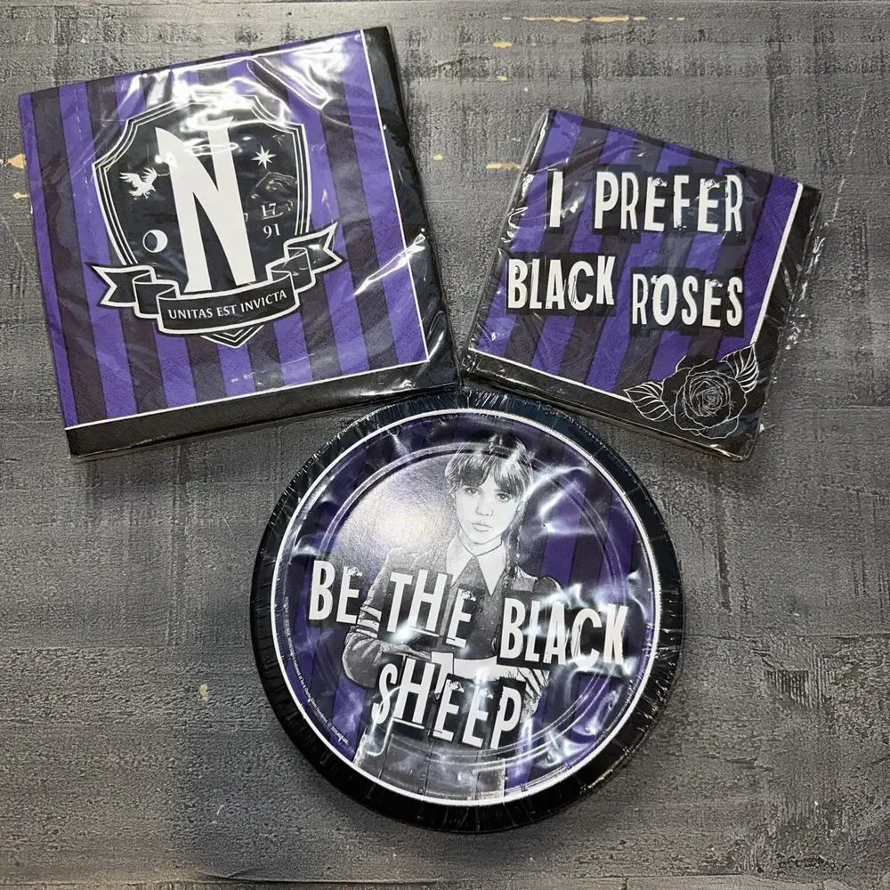 Lot Of Wednesday Addams Party Table Supplies Paper Plates And 2 Packs Of Napkins