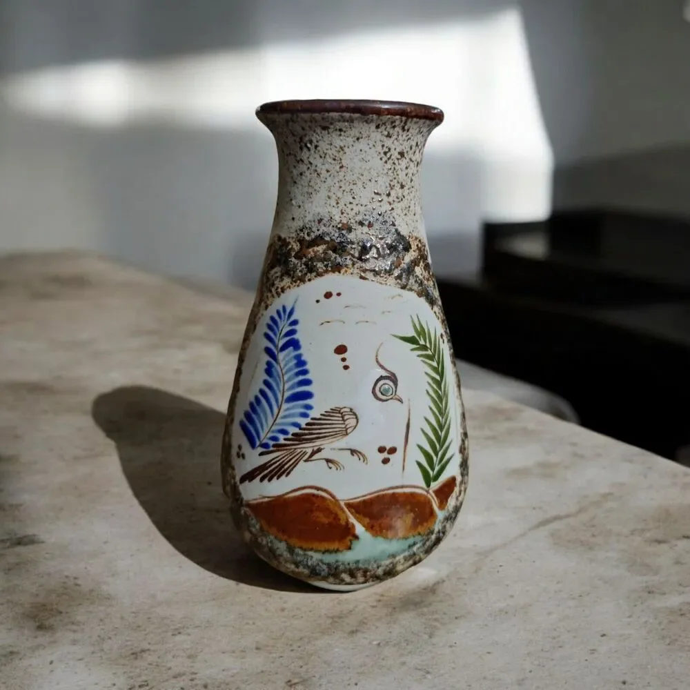 Vintage Tonala Mexican Pottery Vase Birds flowers marked Mexico
