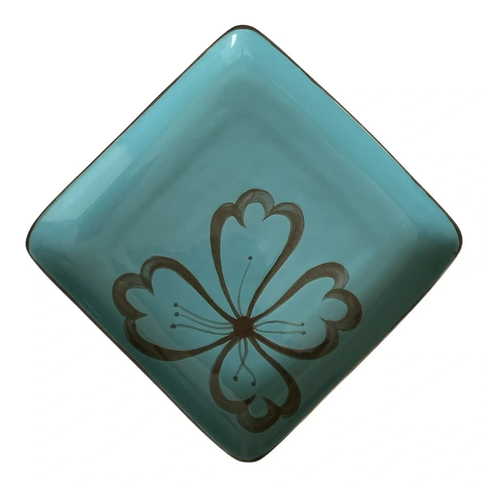 Pier 1 Hibiscus Pattern Square Dinner Plate Teal And Brown Flower Design Vintage