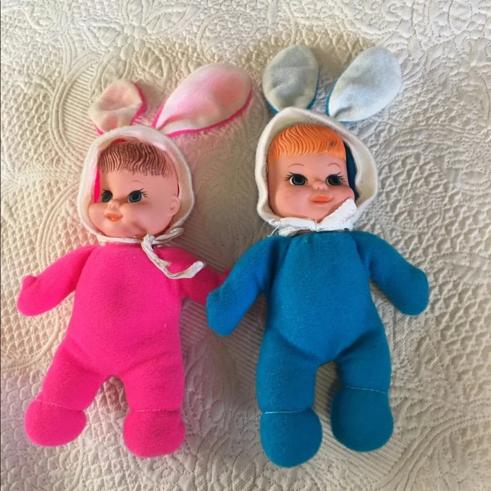 Vintage 1960 1970 Easter Baby Dolls Bunny Rabbit Twins Boy Girl Hong Kong