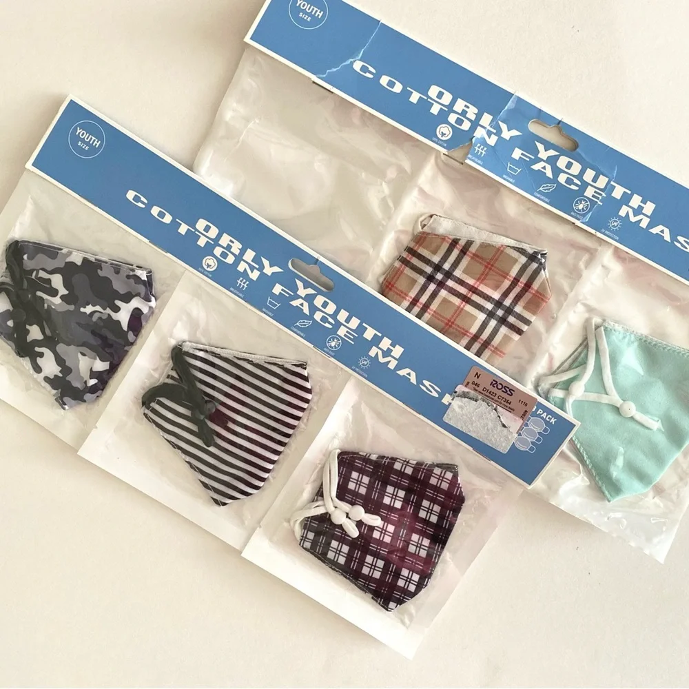 NWT Orly Youth Cotton Face Masks Multicolor Printed 3 Pack + 2 Pack Face Covers
